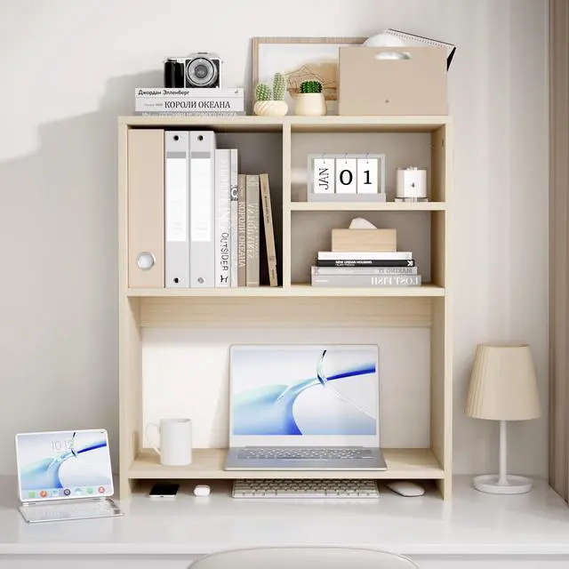 Alt view image 3 of 6 - Desktop Bookshelf Organizer, 4-Tier Desk Shelf with Hutch for Computer Desk, Wall Shelf Organizer & Room Decor Aesthetic, Dorm & Office Storage for Books, Laptop (White Wood/26 in)