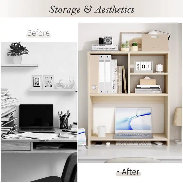 Alt view image 5 of 6 - Desktop Bookshelf Organizer, 4-Tier Desk Shelf with Hutch for Computer Desk, Wall Shelf Organizer & Room Decor Aesthetic, Dorm & Office Storage for Books, Laptop (White Wood/26 in)