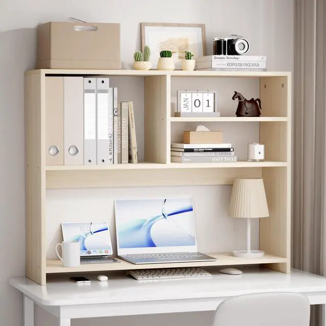 Main image of Desktop Bookshelf Organizer, 4-Tier Desk Shelf with Hutch for Computer Desk, Wall Shelf Organizer & Room Decor Aesthetic, Dorm & Office Storage for Books, Laptop (White Wood/38 in)
