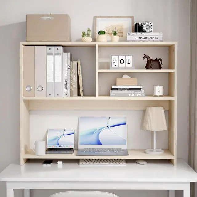 Alt view image 3 of 6 - Desktop Bookshelf Organizer, 4-Tier Desk Shelf with Hutch for Computer Desk, Wall Shelf Organizer & Room Decor Aesthetic, Dorm & Office Storage for Books, Laptop (White Wood/38 in)