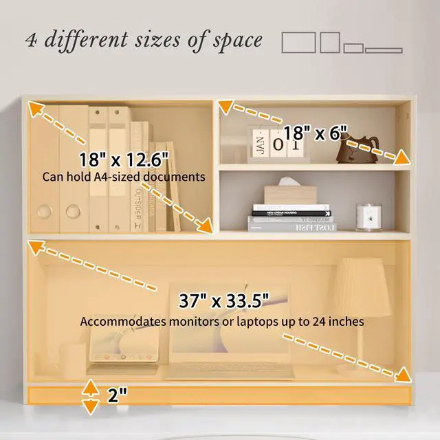 Alt view image 4 of 6 - Desktop Bookshelf Organizer, 4-Tier Desk Shelf with Hutch for Computer Desk, Wall Shelf Organizer & Room Decor Aesthetic, Dorm & Office Storage for Books, Laptop (White Wood/38 in)
