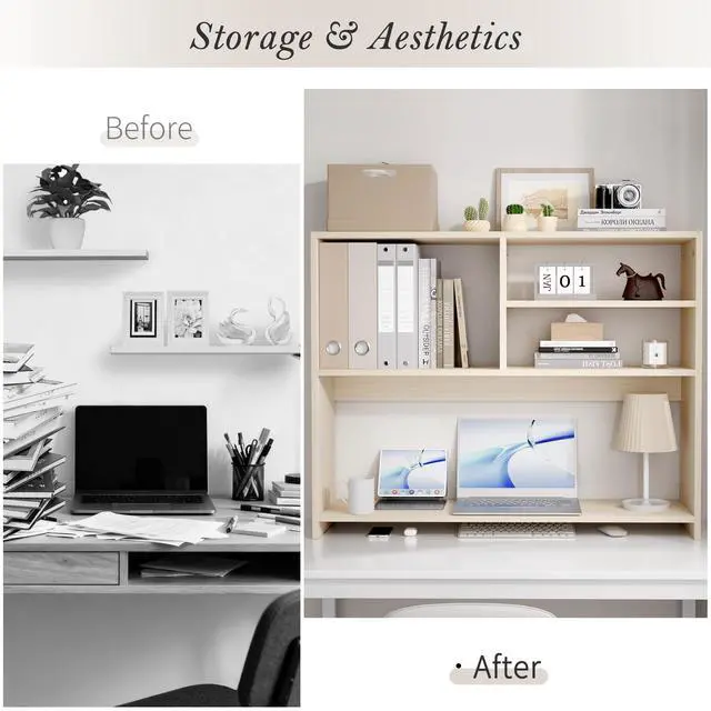 Alt view image 5 of 6 - Desktop Bookshelf Organizer, 4-Tier Desk Shelf with Hutch for Computer Desk, Wall Shelf Organizer & Room Decor Aesthetic, Dorm & Office Storage for Books, Laptop (White Wood/38 in)