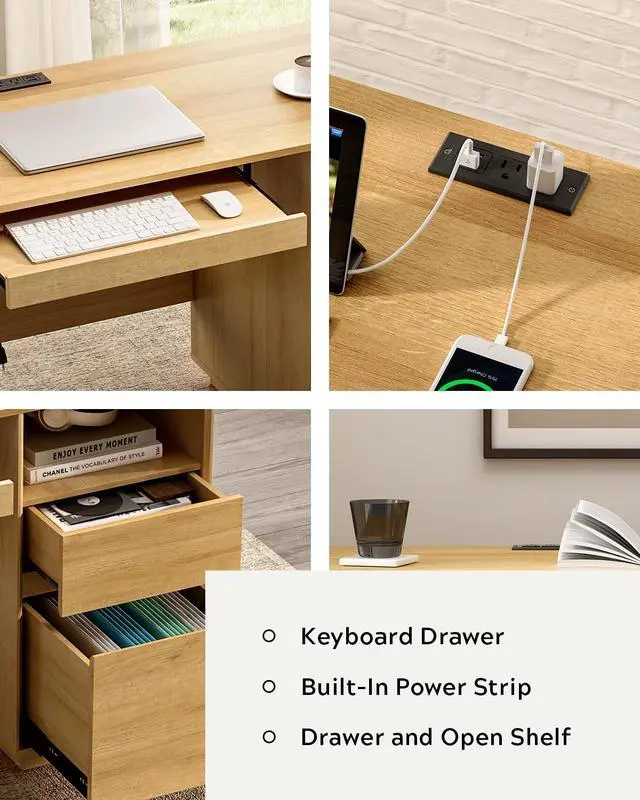 Alt view image 3 of 6 - Farmhouse Computer Desk with File Drawer, 47" Executive Desk with Charging Station and Open Storage Compartment Wood Home Office Desk for Writing Study Working, Matural Oak