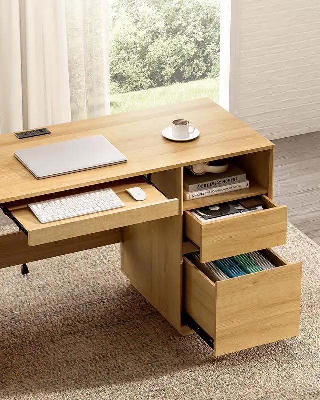 Alt view image 6 of 6 - Farmhouse Computer Desk with File Drawer, 47" Executive Desk with Charging Station and Open Storage Compartment Wood Home Office Desk for Writing Study Working, Matural Oak