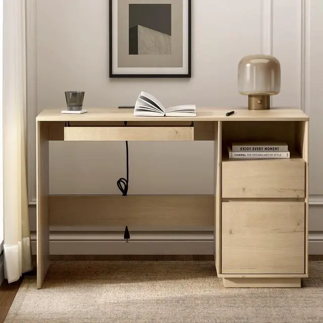 Alt view image 5 of 6 - 47" Executive Desk with File Drawer, Farmhouse Computer Desk with Charging Station and Open Storage Compartment Wooden Home Office Desk for Writing Study Working, Light Oak