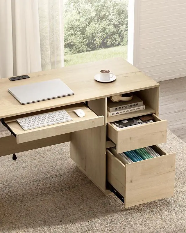 Alt view image 6 of 6 - 47" Executive Desk with File Drawer, Farmhouse Computer Desk with Charging Station and Open Storage Compartment Wooden Home Office Desk for Writing Study Working, Light Oak
