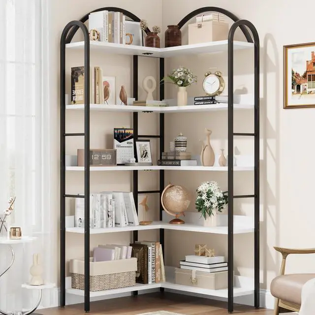 Main image of 5 Tier Bookshelf, Reversible Corner Bookshelf, 68.5" Wooden Bookcase with Open Shelves and Metal Frame, Suitable for Living Room, Bedroom, Office-White