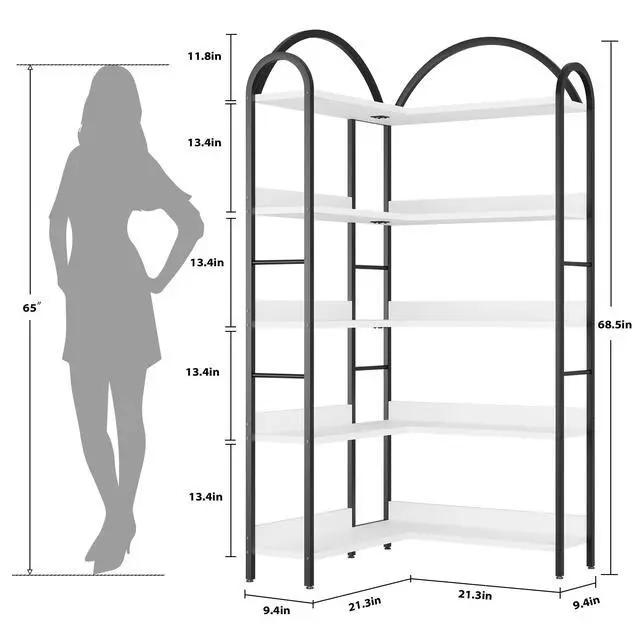 Alt view image 2 of 6 - 5 Tier Bookshelf, Reversible Corner Bookshelf, 68.5" Wooden Bookcase with Open Shelves and Metal Frame, Suitable for Living Room, Bedroom, Office-White
