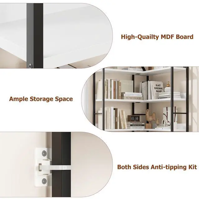 Alt view image 3 of 6 - 5 Tier Bookshelf, Reversible Corner Bookshelf, 68.5" Wooden Bookcase with Open Shelves and Metal Frame, Suitable for Living Room, Bedroom, Office-White