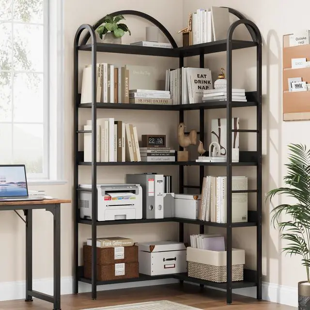Main image of 5 Tier Bookshelf, Reversible Corner Bookshelf, 68.5" Wooden Bookcase with Open Shelves and Metal Frame, Suitable for Living Room, Bedroom, Office-Black
