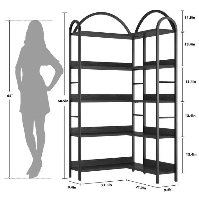 Alt view image 2 of 6 - 5 Tier Bookshelf, Reversible Corner Bookshelf, 68.5" Wooden Bookcase with Open Shelves and Metal Frame, Suitable for Living Room, Bedroom, Office-Black