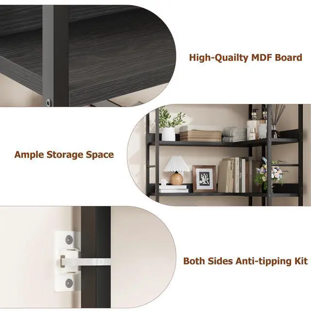 Alt view image 3 of 6 - 5 Tier Bookshelf, Reversible Corner Bookshelf, 68.5" Wooden Bookcase with Open Shelves and Metal Frame, Suitable for Living Room, Bedroom, Office-Black