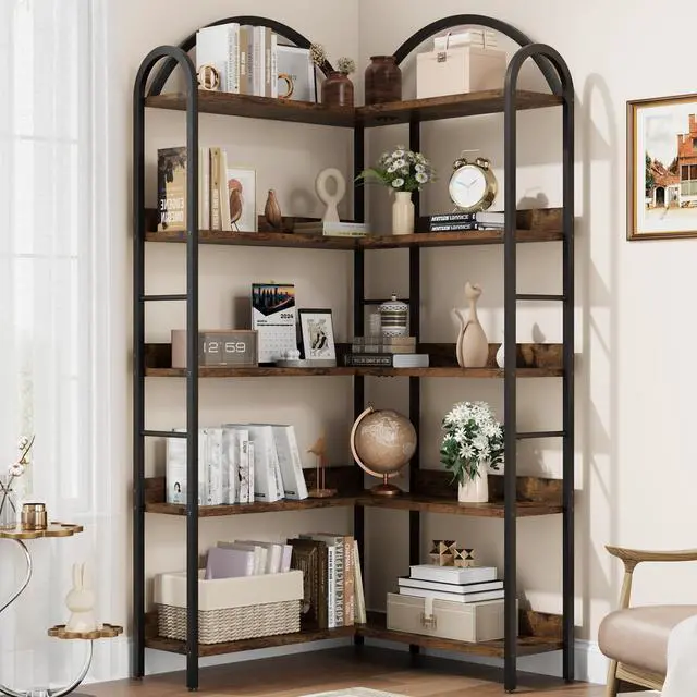 Main image of 5 Tier Bookshelf, Reversible Corner Bookshelf, 68.5" Wooden Bookcase with Open Shelves and Metal Frame, Suitable for Living Room, Bedroom, Office-Brown