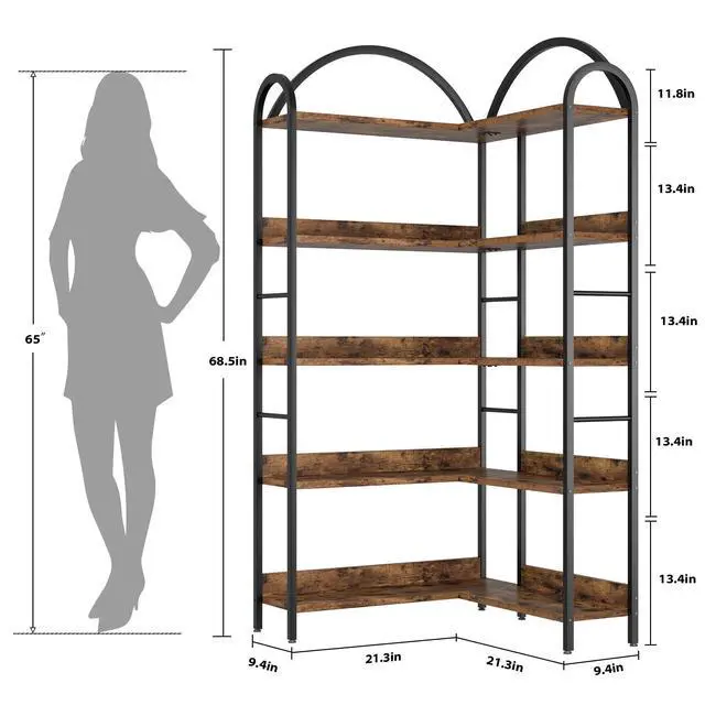 Alt view image 2 of 6 - 5 Tier Bookshelf, Reversible Corner Bookshelf, 68.5" Wooden Bookcase with Open Shelves and Metal Frame, Suitable for Living Room, Bedroom, Office-Brown
