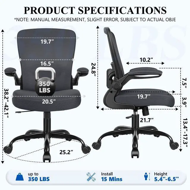 Alt view image 2 of 6 - Office Chair, Ergonomic Desk Chair Breathable Mesh Chairs Adjustable High Back Lumbar Support Flip-up Armrests, Executive Rolling Swivel Comfy Computer Chairs Home Office Dark Gray
