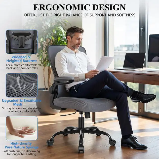 Alt view image 4 of 6 - Office Chair, Ergonomic Desk Chair Breathable Mesh Chairs Adjustable High Back Lumbar Support Flip-up Armrests, Executive Rolling Swivel Comfy Computer Chairs Home Office Dark Gray
