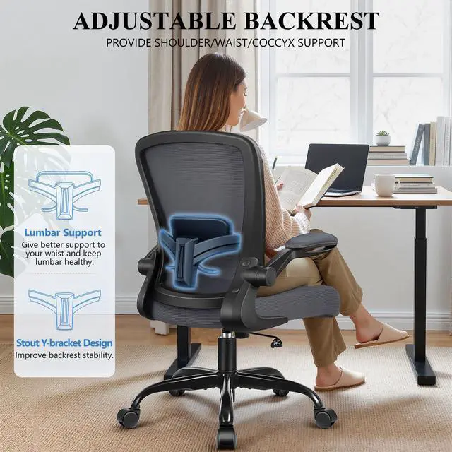 Alt view image 5 of 6 - Office Chair, Ergonomic Desk Chair Breathable Mesh Chairs Adjustable High Back Lumbar Support Flip-up Armrests, Executive Rolling Swivel Comfy Computer Chairs Home Office Dark Gray