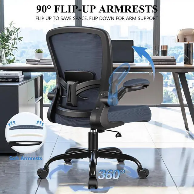 Alt view image 6 of 6 - Office Chair, Ergonomic Desk Chair Breathable Mesh Chairs Adjustable High Back Lumbar Support Flip-up Armrests, Executive Rolling Swivel Comfy Computer Chairs Home Office Dark Gray