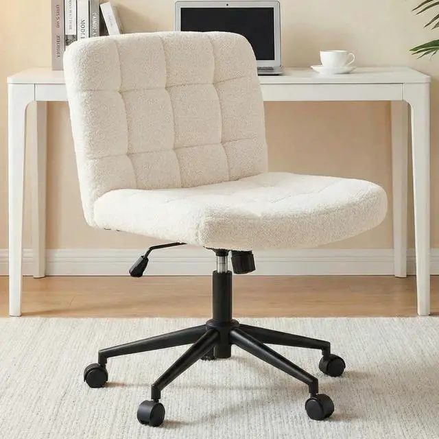 Main image of Swivel Criss Cross Legged Chair, Armless Home Office Chair with Wheels and Comfy Wide Cushion, Height Adjustable for Desk, Vanity, Bedroom, Sherpa Fleece (Beige)