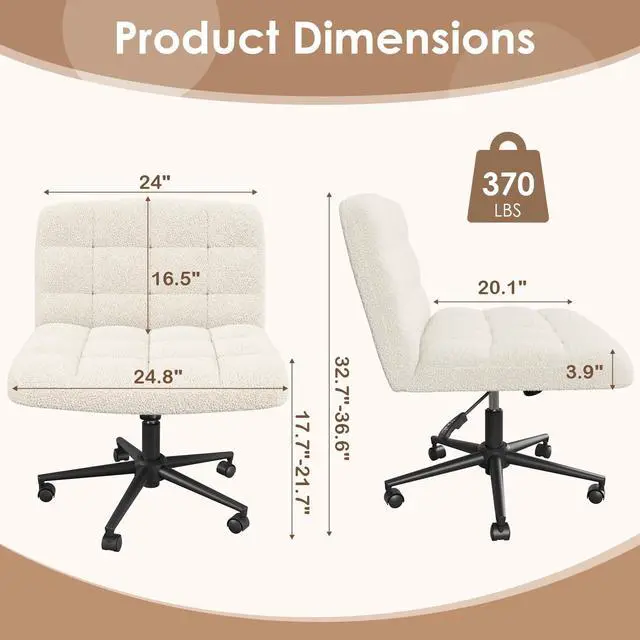 Alt view image 2 of 6 - Swivel Criss Cross Legged Chair, Armless Home Office Chair with Wheels and Comfy Wide Cushion, Height Adjustable for Desk, Vanity, Bedroom, Sherpa Fleece (Beige)