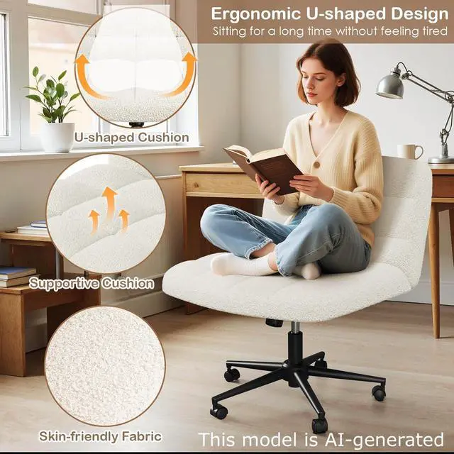 Alt view image 3 of 6 - Swivel Criss Cross Legged Chair, Armless Home Office Chair with Wheels and Comfy Wide Cushion, Height Adjustable for Desk, Vanity, Bedroom, Sherpa Fleece (Beige)