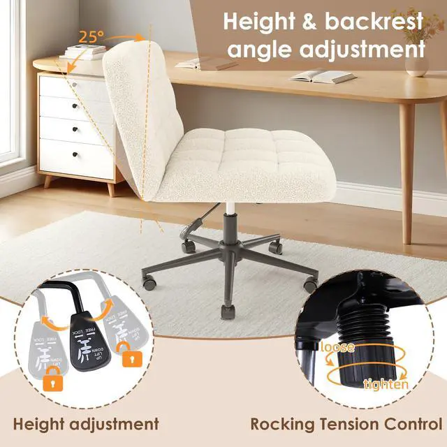 Alt view image 4 of 6 - Swivel Criss Cross Legged Chair, Armless Home Office Chair with Wheels and Comfy Wide Cushion, Height Adjustable for Desk, Vanity, Bedroom, Sherpa Fleece (Beige)