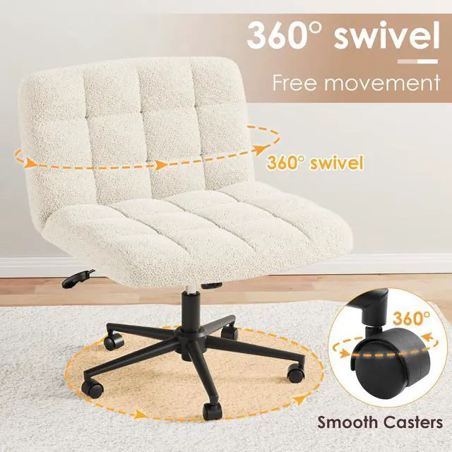 Alt view image 5 of 6 - Swivel Criss Cross Legged Chair, Armless Home Office Chair with Wheels and Comfy Wide Cushion, Height Adjustable for Desk, Vanity, Bedroom, Sherpa Fleece (Beige)
