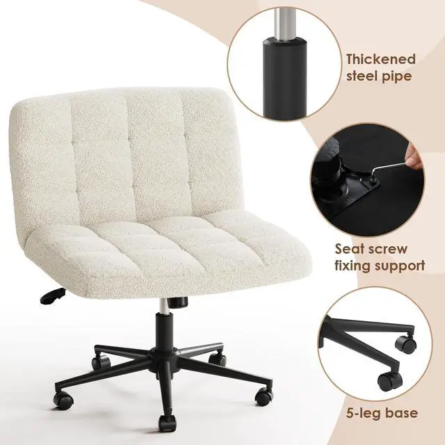 Alt view image 6 of 6 - Swivel Criss Cross Legged Chair, Armless Home Office Chair with Wheels and Comfy Wide Cushion, Height Adjustable for Desk, Vanity, Bedroom, Sherpa Fleece (Beige)
