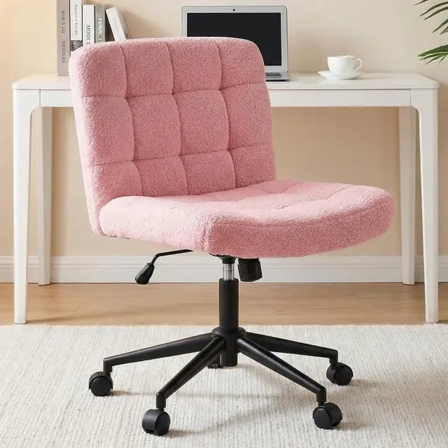 Main image of Swivel Criss Cross Legged Chair, Armless Home Office Chair with Wheels and Comfy Wide Cushion, Height Adjustable for Desk, Vanity, Bedroom, Sherpa Fleece (Pink)