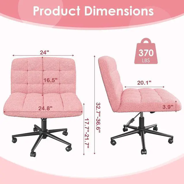 Alt view image 2 of 6 - Swivel Criss Cross Legged Chair, Armless Home Office Chair with Wheels and Comfy Wide Cushion, Height Adjustable for Desk, Vanity, Bedroom, Sherpa Fleece (Pink)