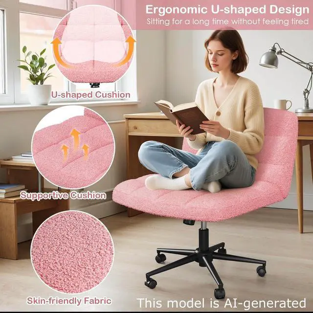 Alt view image 3 of 6 - Swivel Criss Cross Legged Chair, Armless Home Office Chair with Wheels and Comfy Wide Cushion, Height Adjustable for Desk, Vanity, Bedroom, Sherpa Fleece (Pink)