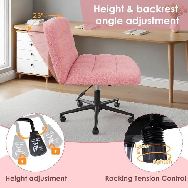 Alt view image 4 of 6 - Swivel Criss Cross Legged Chair, Armless Home Office Chair with Wheels and Comfy Wide Cushion, Height Adjustable for Desk, Vanity, Bedroom, Sherpa Fleece (Pink)