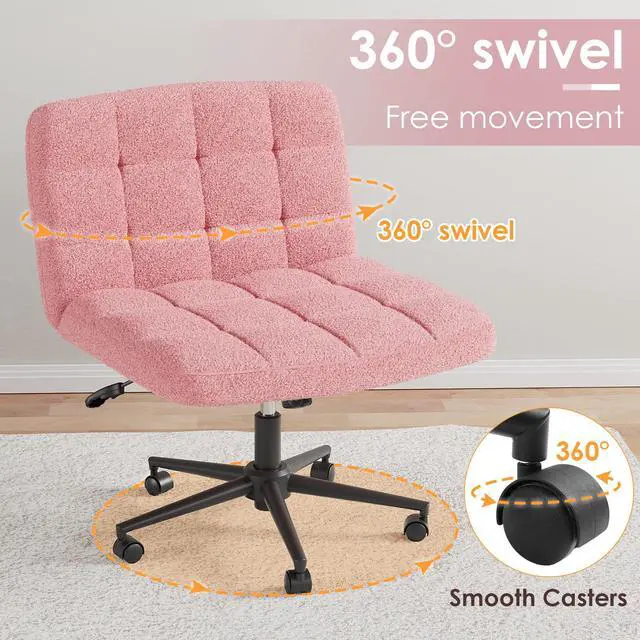 Alt view image 5 of 6 - Swivel Criss Cross Legged Chair, Armless Home Office Chair with Wheels and Comfy Wide Cushion, Height Adjustable for Desk, Vanity, Bedroom, Sherpa Fleece (Pink)