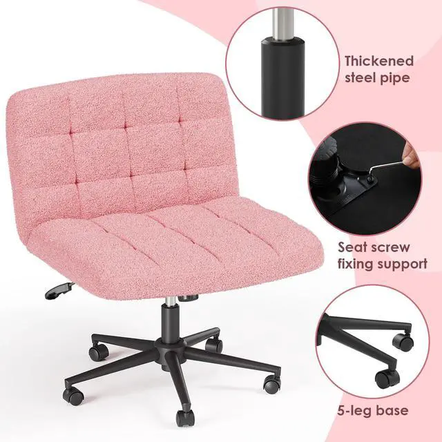 Alt view image 6 of 6 - Swivel Criss Cross Legged Chair, Armless Home Office Chair with Wheels and Comfy Wide Cushion, Height Adjustable for Desk, Vanity, Bedroom, Sherpa Fleece (Pink)