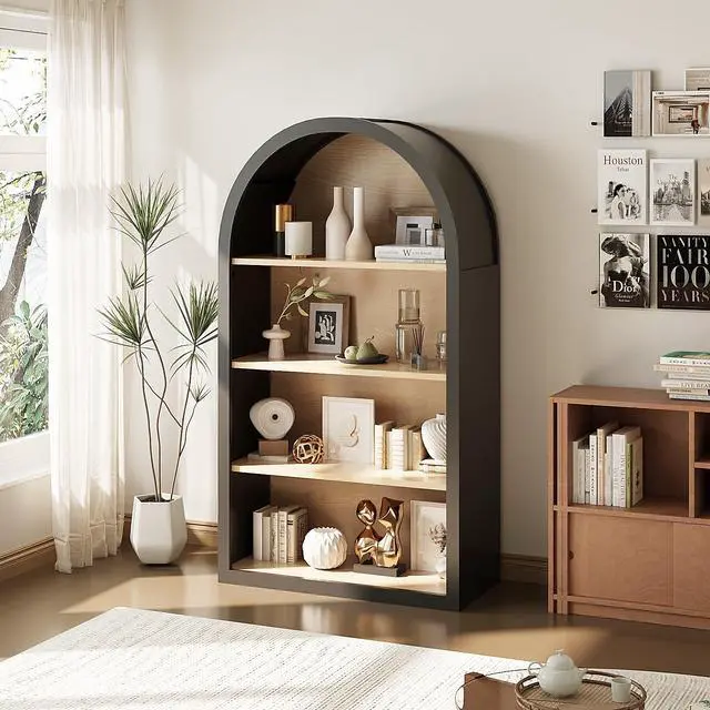 Main image of 4-Tier Arched Black Bookcase, 43" Tall Narrow Curved Bookshelf with Open Shelves for Living Room, Wood Floor Standing Open Display Shelving for Office, Study Room, Kitchen, Corner Bookshelf Short