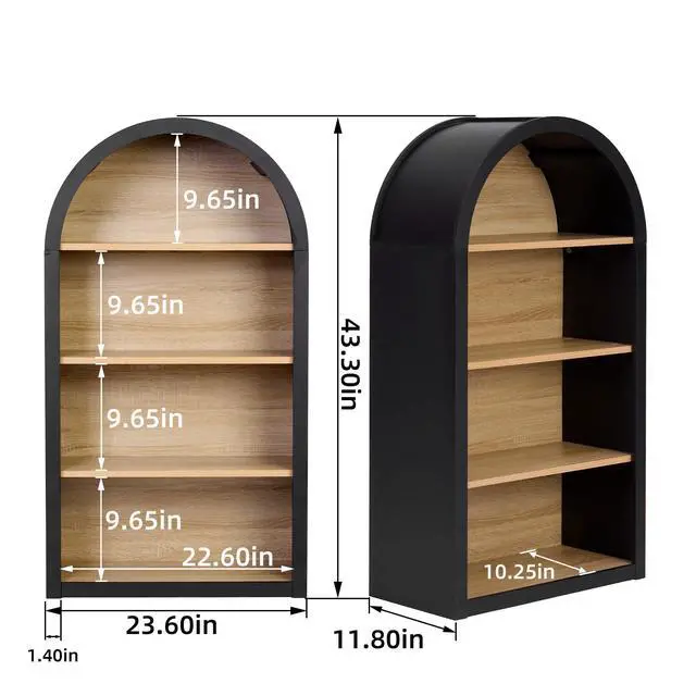 Alt view image 2 of 6 - 4-Tier Arched Black Bookcase, 43" Tall Narrow Curved Bookshelf with Open Shelves for Living Room, Wood Floor Standing Open Display Shelving for Office, Study Room, Kitchen, Corner Bookshelf Short