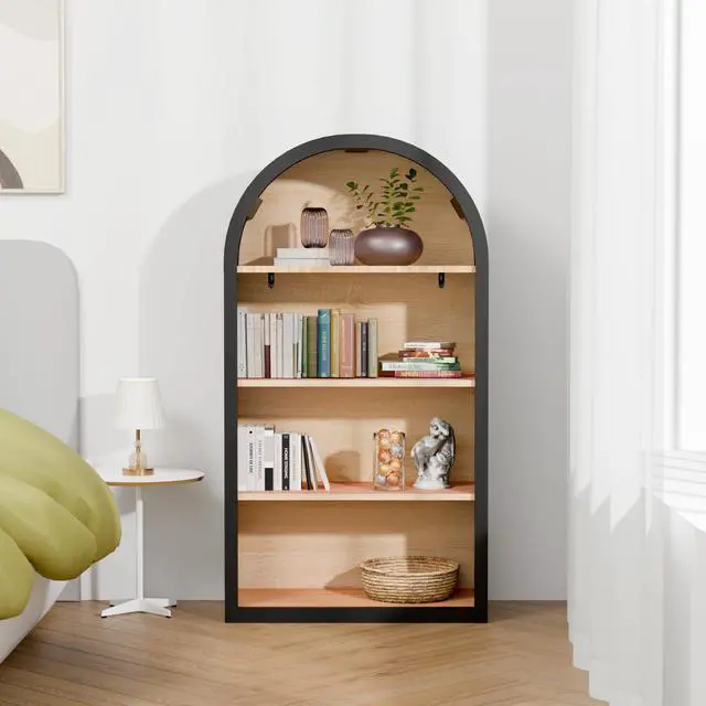 Alt view image 3 of 6 - 4-Tier Arched Black Bookcase, 43" Tall Narrow Curved Bookshelf with Open Shelves for Living Room, Wood Floor Standing Open Display Shelving for Office, Study Room, Kitchen, Corner Bookshelf Short