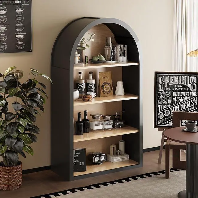Alt view image 4 of 6 - 4-Tier Arched Black Bookcase, 43" Tall Narrow Curved Bookshelf with Open Shelves for Living Room, Wood Floor Standing Open Display Shelving for Office, Study Room, Kitchen, Corner Bookshelf Short