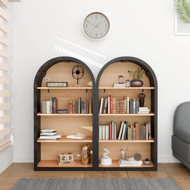 Alt view image 5 of 6 - 4-Tier Arched Black Bookcase, 43" Tall Narrow Curved Bookshelf with Open Shelves for Living Room, Wood Floor Standing Open Display Shelving for Office, Study Room, Kitchen, Corner Bookshelf Short