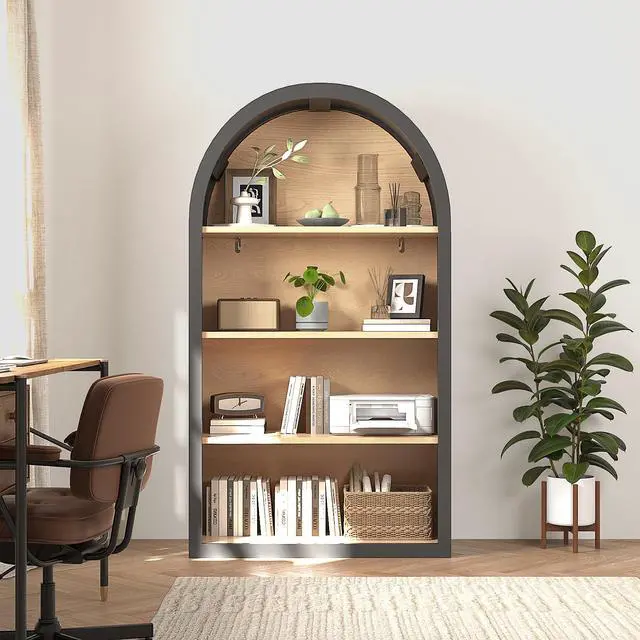Alt view image 6 of 6 - 4-Tier Arched Black Bookcase, 43" Tall Narrow Curved Bookshelf with Open Shelves for Living Room, Wood Floor Standing Open Display Shelving for Office, Study Room, Kitchen, Corner Bookshelf Short