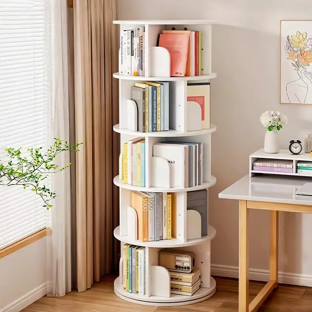 Main image of 5 Tier Rotating Bookshelf Tower, 360°Round Spinning Bookshelf with Drawers and Wheels, Small White Rotating Bookcase for Bedroom,Living Room,Office (White, 5 Tier - no Wheel)