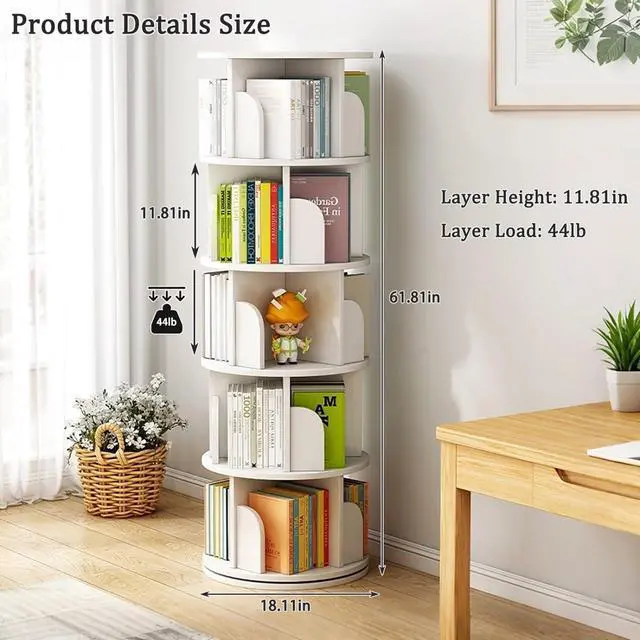 Alt view image 2 of 6 - 5 Tier Rotating Bookshelf Tower, 360°Round Spinning Bookshelf with Drawers and Wheels, Small White Rotating Bookcase for Bedroom,Living Room,Office (White, 5 Tier - no Wheel)
