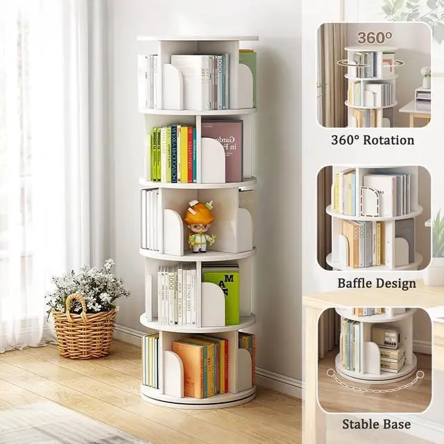 Alt view image 3 of 6 - 5 Tier Rotating Bookshelf Tower, 360°Round Spinning Bookshelf with Drawers and Wheels, Small White Rotating Bookcase for Bedroom,Living Room,Office (White, 5 Tier - no Wheel)