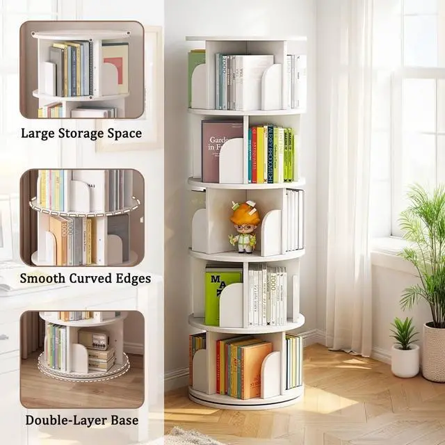 Alt view image 4 of 6 - 5 Tier Rotating Bookshelf Tower, 360°Round Spinning Bookshelf with Drawers and Wheels, Small White Rotating Bookcase for Bedroom,Living Room,Office (White, 5 Tier - no Wheel)