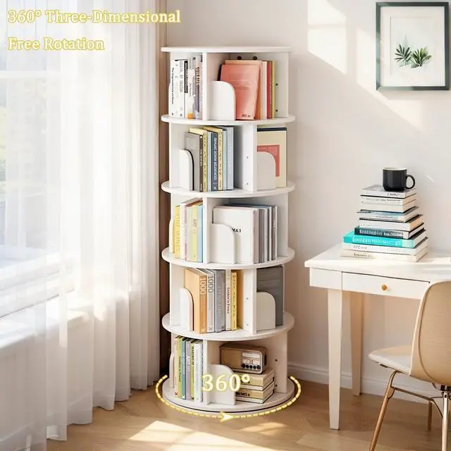 Alt view image 5 of 6 - 5 Tier Rotating Bookshelf Tower, 360°Round Spinning Bookshelf with Drawers and Wheels, Small White Rotating Bookcase for Bedroom,Living Room,Office (White, 5 Tier - no Wheel)