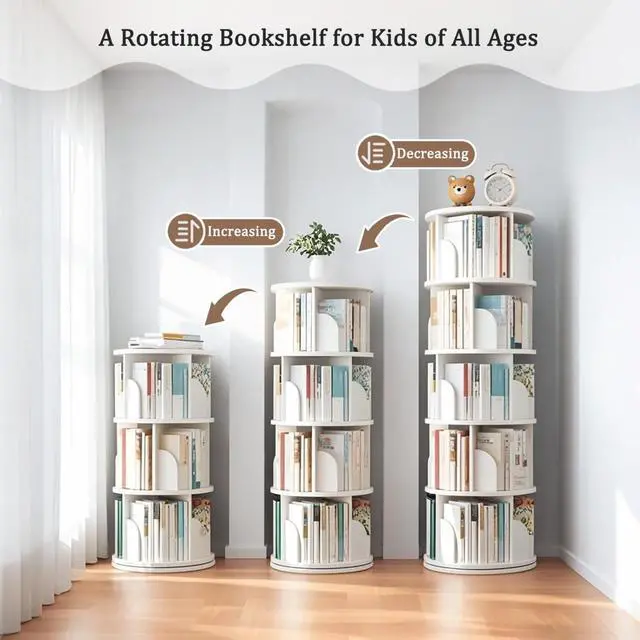 Alt view image 6 of 6 - 5 Tier Rotating Bookshelf Tower, 360°Round Spinning Bookshelf with Drawers and Wheels, Small White Rotating Bookcase for Bedroom,Living Room,Office (White, 5 Tier - no Wheel)