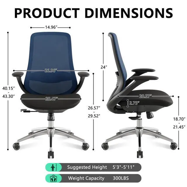 Alt view image 3 of 6 - BV Ergonomic Office Chair, High Back Executive Desk Chair with 2D Armrests,Adjustable Lumbar Support, Breathable Mesh Computer Chair for Home Office & Gaming,Blue