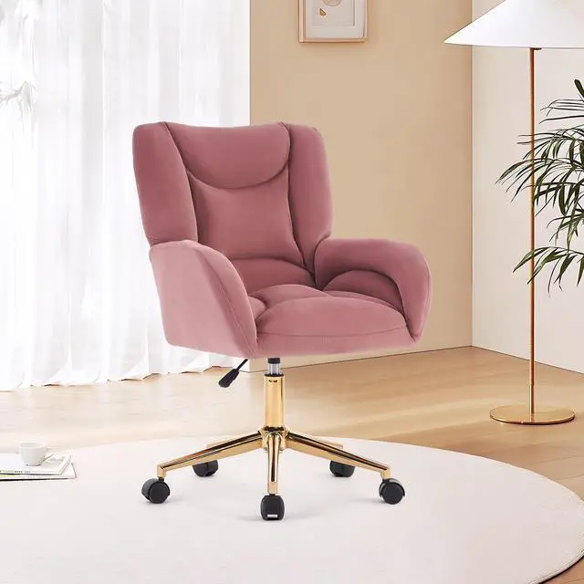 Main image of Velvet Teddy Fabric Home Office Chair Comfy Vanity Chairs Adjustable 360° Swivel Upholstered Computer Task Chair Living Room Chairs with Arm,Ivory (Velvet Fabric in Pink)