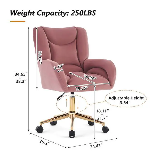 Alt view image 2 of 6 - Velvet Teddy Fabric Home Office Chair Comfy Vanity Chairs Adjustable 360° Swivel Upholstered Computer Task Chair Living Room Chairs with Arm,Ivory (Velvet Fabric in Pink)