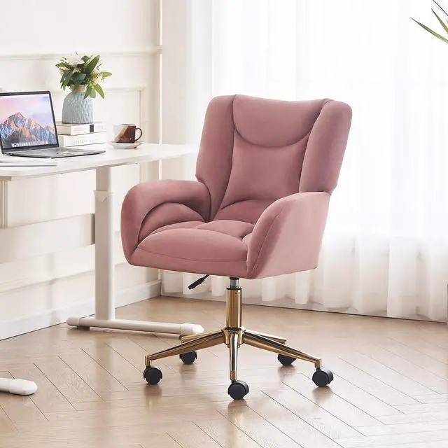 Alt view image 3 of 6 - Velvet Teddy Fabric Home Office Chair Comfy Vanity Chairs Adjustable 360° Swivel Upholstered Computer Task Chair Living Room Chairs with Arm,Ivory (Velvet Fabric in Pink)